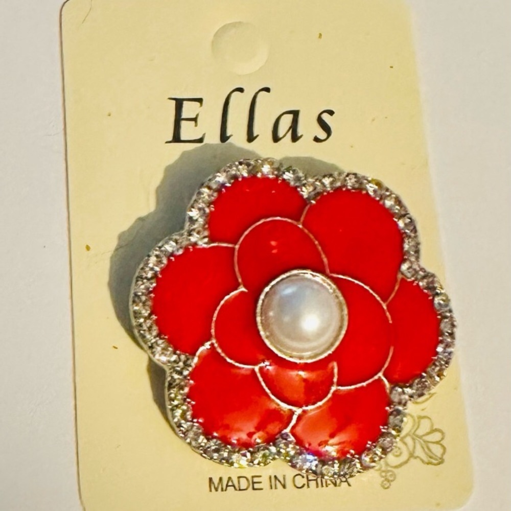 Ellas Red Camellia Flower Pun Brooch with Pearl Center - Brand New On Card